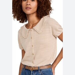 Madewell Cream Short Sleeve Top with Ruffled Collar